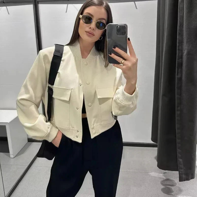 SCAGNELLO - Giacca Bomber Cropped da Donna con Colletto Baseball e Bottoni a Pressione