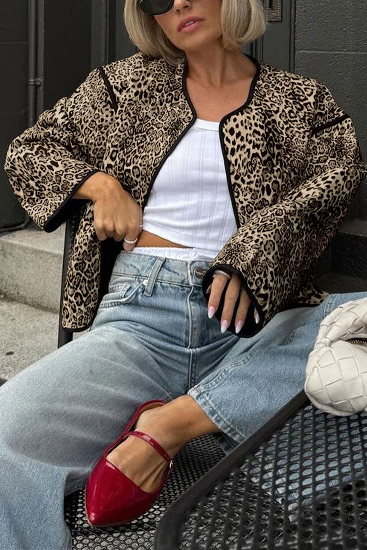 JERZU - Cardigan corto marrone con stampa leopardata