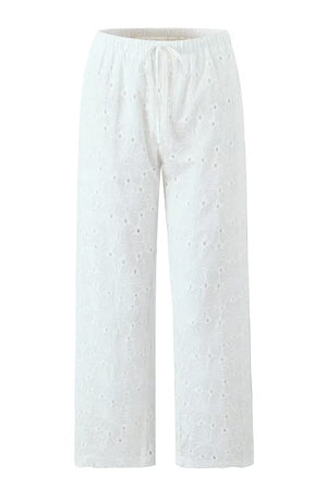 LARA - Chic White Floral Embroidery Relaxed Pants