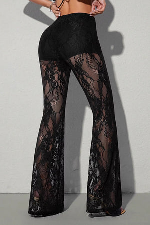 ELIANA - Chic Lace Panel Flared Mesh Pants