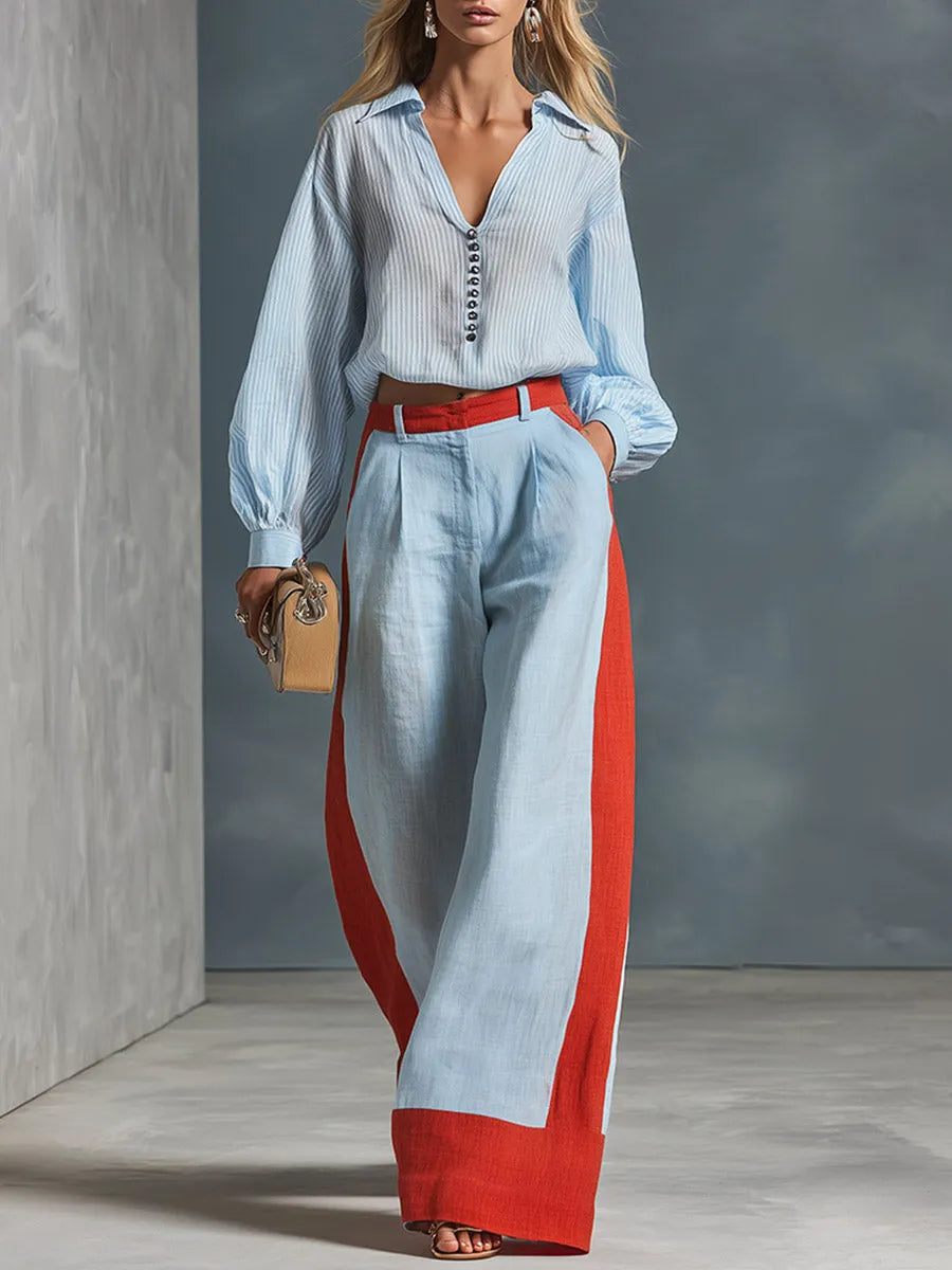 VINICIA - Completo camicia righe blu e pantaloni wide-leg bicolor