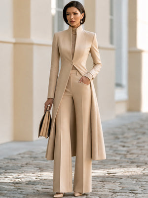 CELIA - Completo beige con blazer sartoriale e pantaloni flare a vita alta