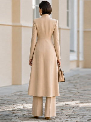 CELIA - Completo beige con blazer sartoriale e pantaloni flare a vita alta