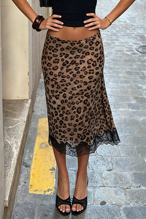 VASIA - Gonna midi leopardata in mesh e pizzo