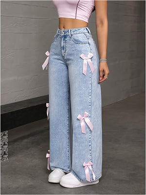CERVIA - Jeans dritti a vita media con fiocchi decorativi