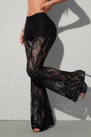 ELIANA - Chic Lace Panel Flared Mesh Pants