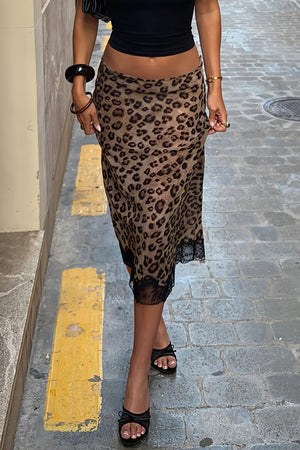 VASIA - Gonna midi leopardata in mesh e pizzo