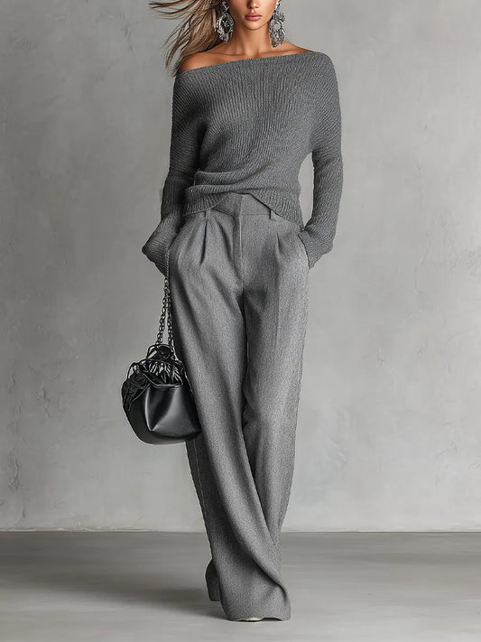 VIOLA - Completo in maglia monospalla con pantaloni coordinati