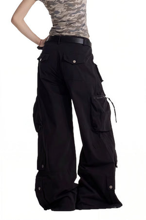 CALTRANO - Jeans cargo neri a vita alta con lacci