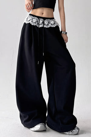 QUARANTI - Pantaloni wide leg con dettagli in pizzo