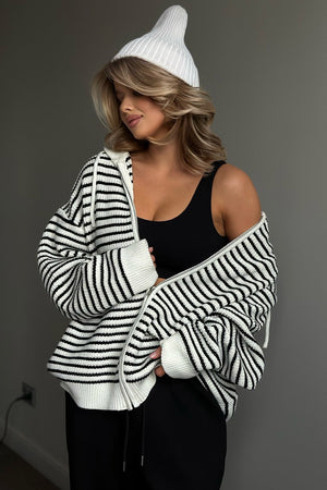OFFLAGA - Cardigan oversize con cappuccio e righe a contrasto