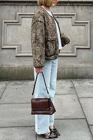 JERZU - Cardigan corto marrone con stampa leopardata