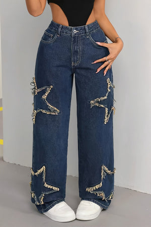 MANCIANO - Jeans dritti a vita alta con frange e stelle