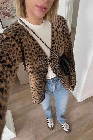 FONTANA - Cardigan animalier marrone con scollo a V