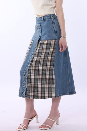 PICASSO - Gonna midi in denim con inserti a quadri