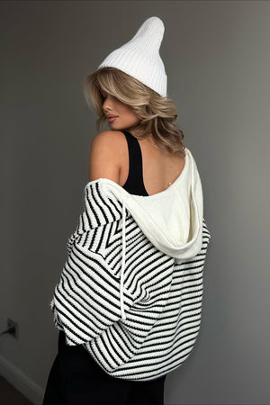 OFFLAGA - Cardigan oversize con cappuccio e righe a contrasto