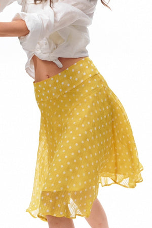 TUFILLO - Gonna midi gialla a pois dal taglio svasato