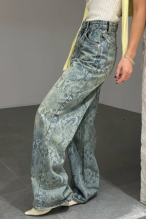 MAREBBE - Jeans dritti blu a vita alta stampa snake