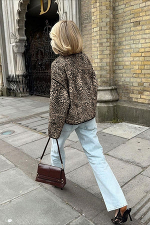 JERZU - Cardigan corto marrone con stampa leopardata