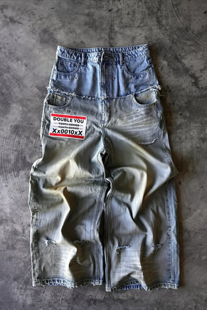 UTAMARO - Vintage Raw Hem Double Waist Rivet Ripped Jeans