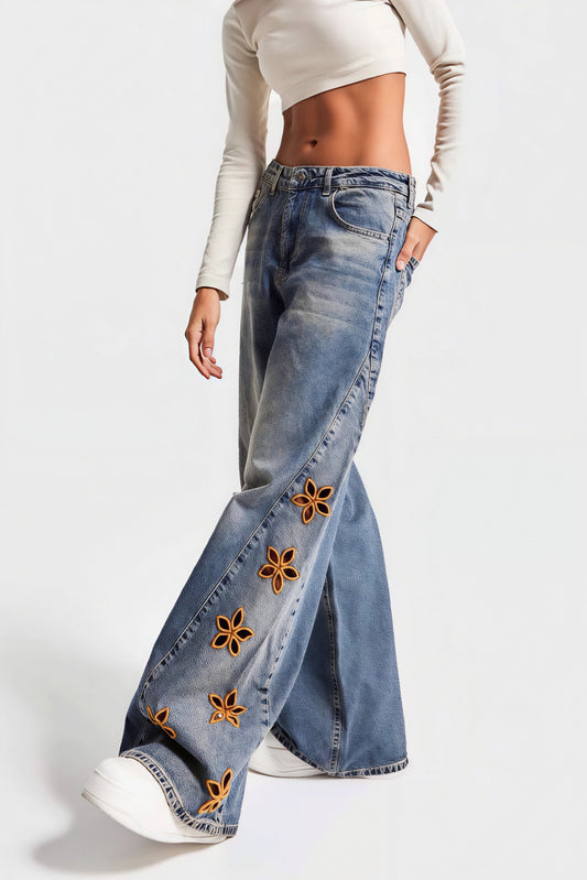 VALLERANO - Jeans a vita alta con ricami floreali