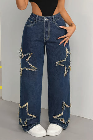 MANCIANO - Jeans dritti a vita alta con frange e stelle