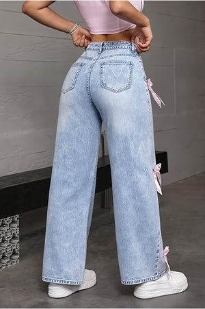 CERVIA - Jeans dritti a vita media con fiocchi decorativi