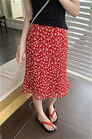 ORRIA - Gonna midi rossa a fiori dal fascino vintage