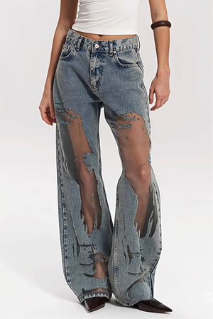 FRIDA - Jeans dritti blu con inserti in tulle