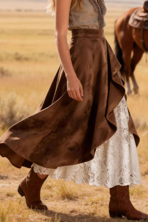 MANIACE - Gonna midi marrone effetto scamosciato con pizzo