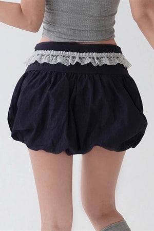 ROSA - Shorts blu a vita alta con pizzo e coulisse