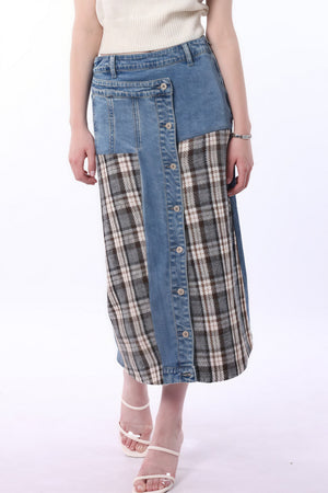 PICASSO - Gonna midi in denim con inserti a quadri