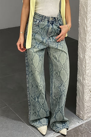 MAREBBE - Jeans dritti blu a vita alta stampa snake