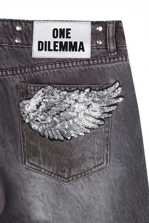 STRIANO - Jeans grigi a gamba larga con paillettes