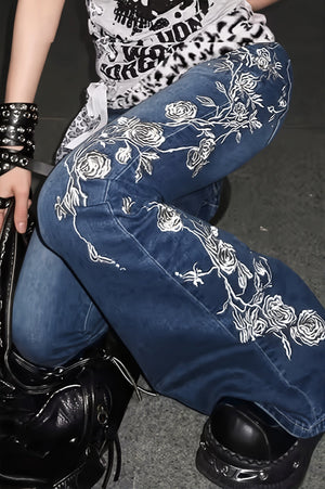 LOVERE - Jeans svasati a vita bassa con rose ricamate