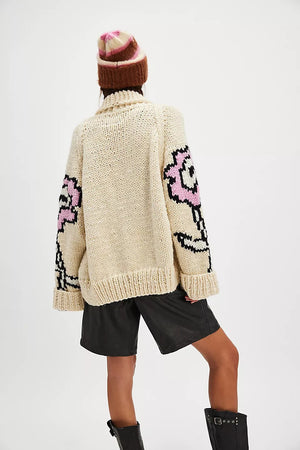 VOLTAGGIO - Cardigan lungo beige con stampa grafica