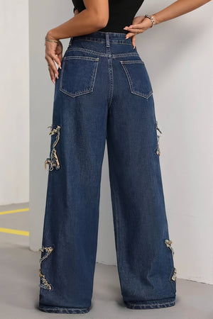 MANCIANO - Jeans dritti a vita alta con frange e stelle