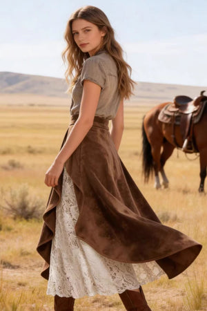 MANIACE - Gonna midi marrone effetto scamosciato con pizzo