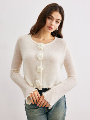 LEDRO - Cardigan beige in maglia con fiori 3D