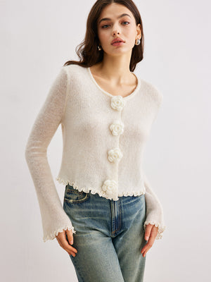 LEDRO - Cardigan beige in maglia con fiori 3D
