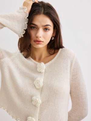 LEDRO - Cardigan beige in maglia con fiori 3D