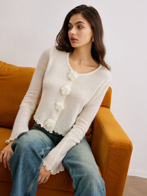 LEDRO - Cardigan beige in maglia con fiori 3D