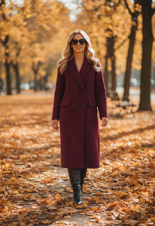 MOLTENO - Cappotto Stephanie – Elegante giacca invernale lunga color rosso vino.