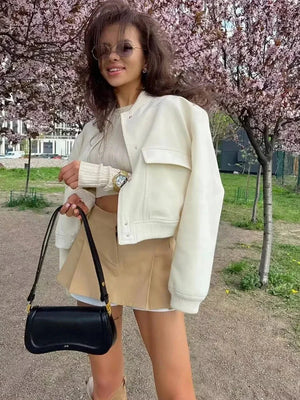 SCAGNELLO - Giacca Bomber Cropped da Donna con Colletto Baseball e Bottoni a Pressione