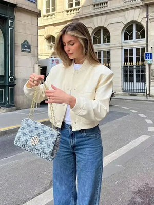 SCAGNELLO - Giacca Bomber Cropped da Donna con Colletto Baseball e Bottoni a Pressione