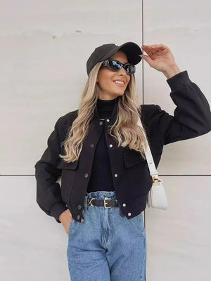 SUTRIO - Giacca Bomber Casual da Donna con Bottoni Frontali e Tasche a Patta
