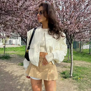 SCAGNELLO - Giacca Bomber Cropped da Donna con Colletto Baseball e Bottoni a Pressione