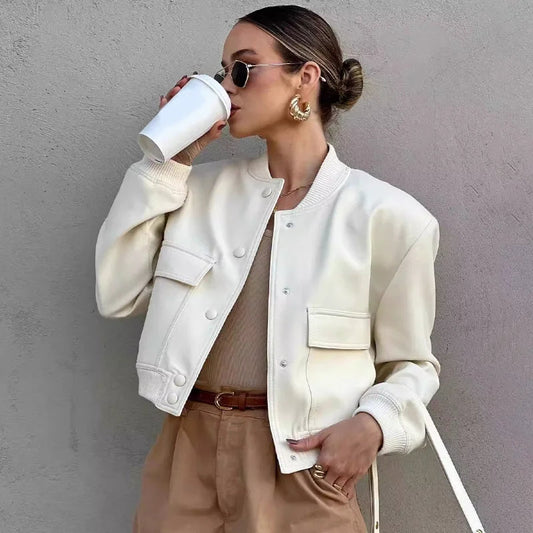 SUTRIO - Giacca Bomber Casual da Donna con Bottoni Frontali e Tasche a Patta