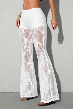 ELIANA - Chic Lace Panel Flared Mesh Pants