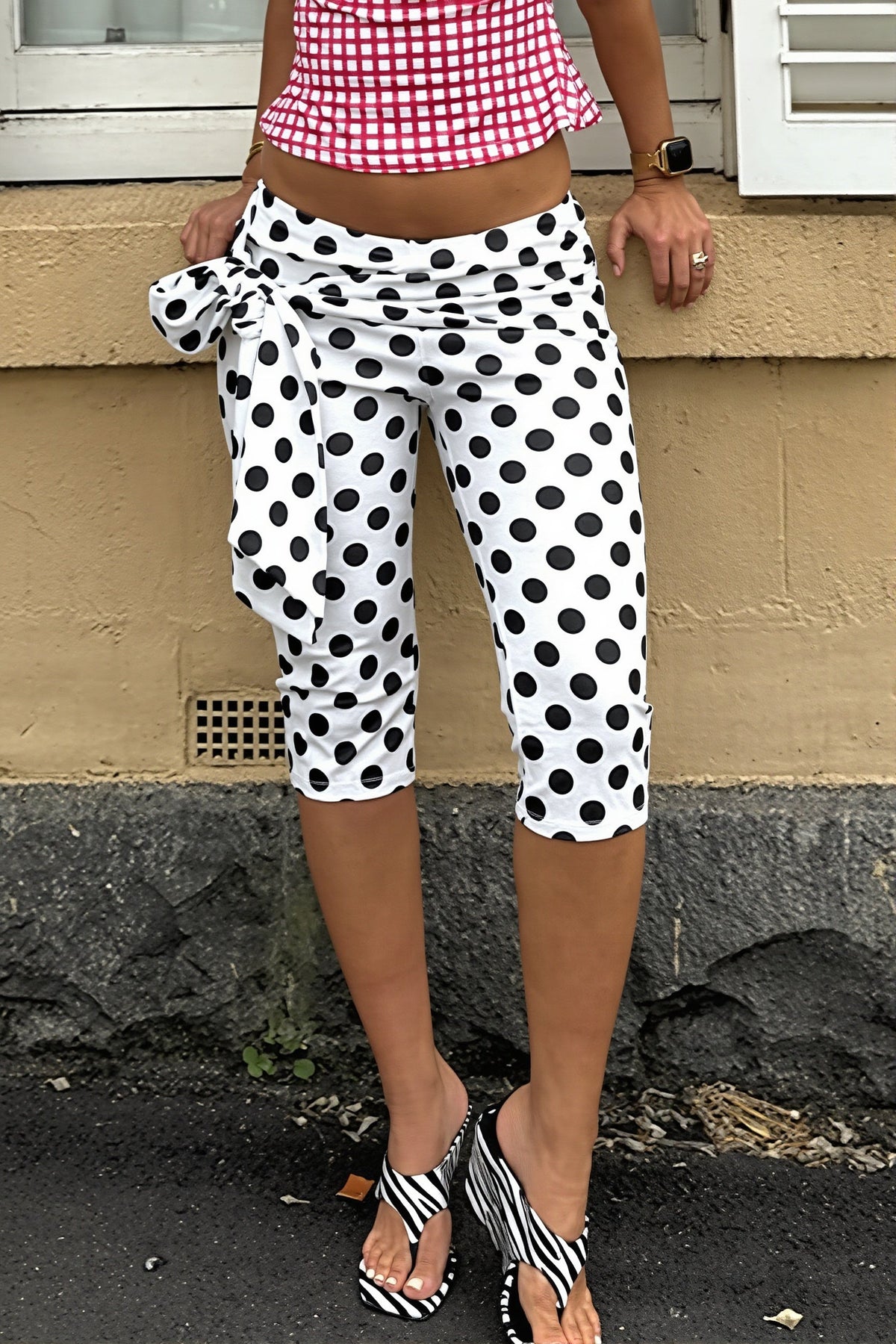 CAPRIOLO - Pantaloni Capri Skinny a Pois con Fiocco